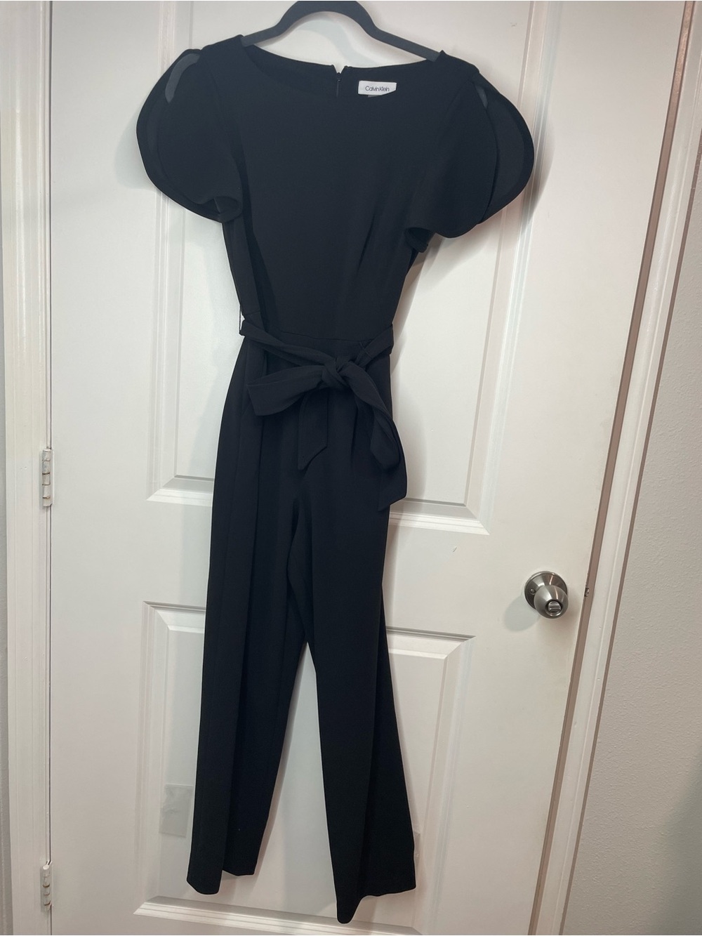 Calvin Klein Black Puff Sleeve Belted Jumpsuit Size 2 Elegant Wide Leg